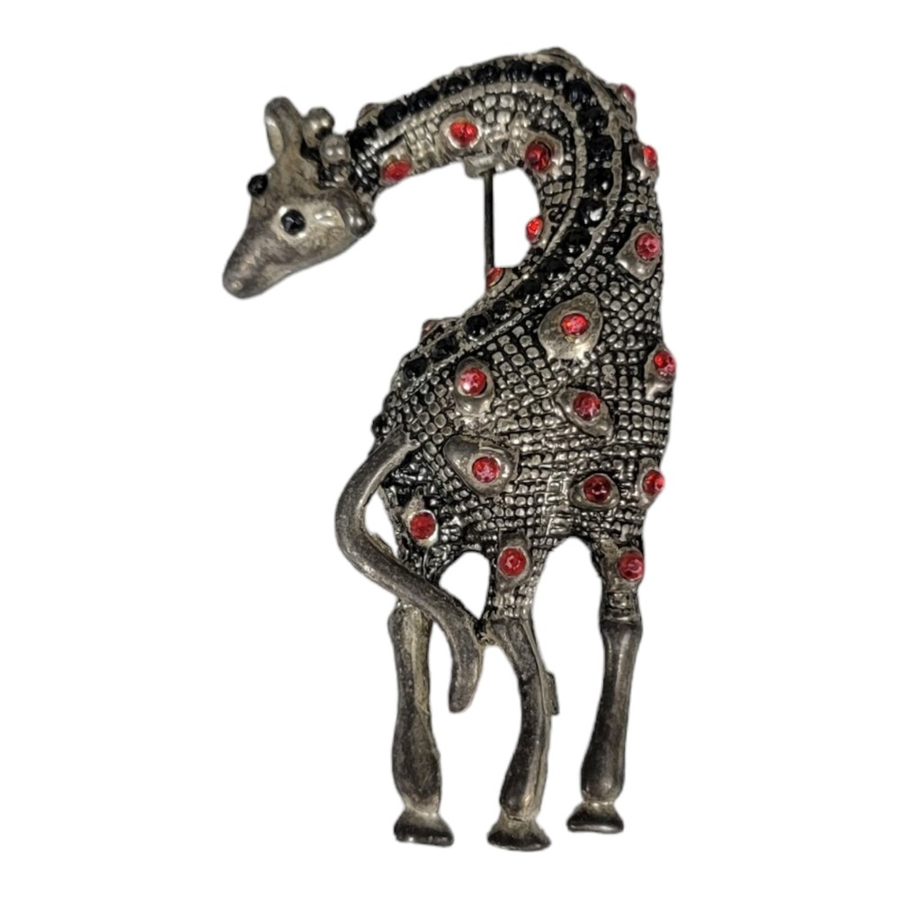 Vintage Giraffe Brooch Pin Figural Silver-Tone Stretch Twist 3D Red Enamel Spots